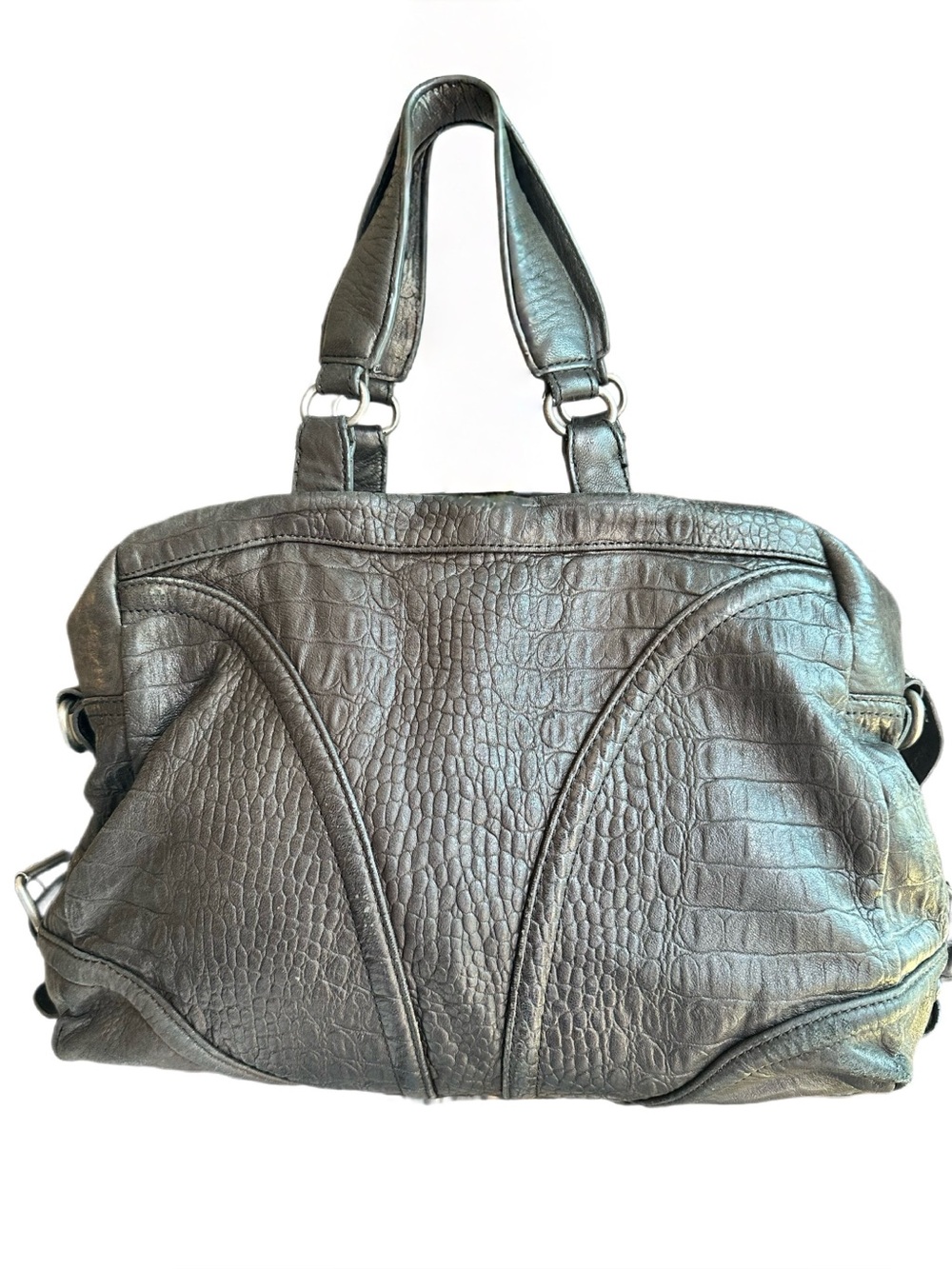 BCBGMAXAZRIA Croc Embossed Leather Top Handle Satchel Black